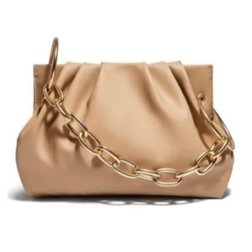 HOUSE OF WANT Chill Vegan Leather Frame Clutch, Beige Gold Chain & Hardware NWOT